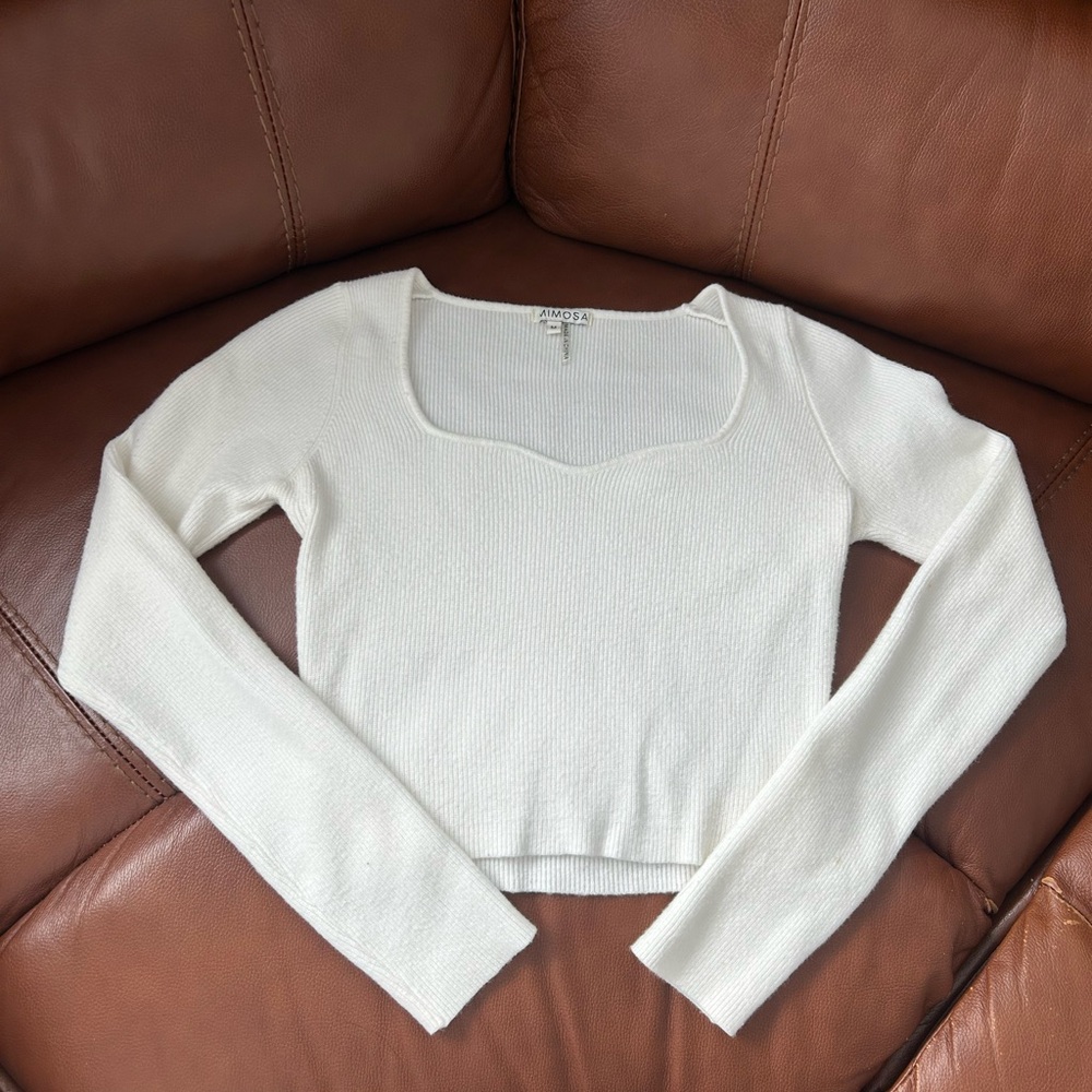 White Long Sleeve Ribbed Cropped Sweater Top